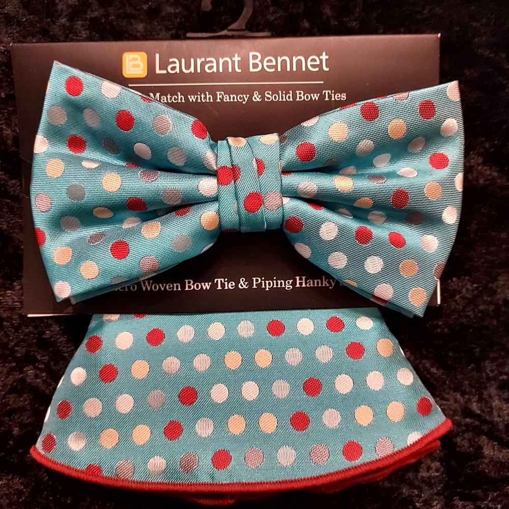 Polka Dot Bow Tie and Hanky Set - Blue, Red, White
